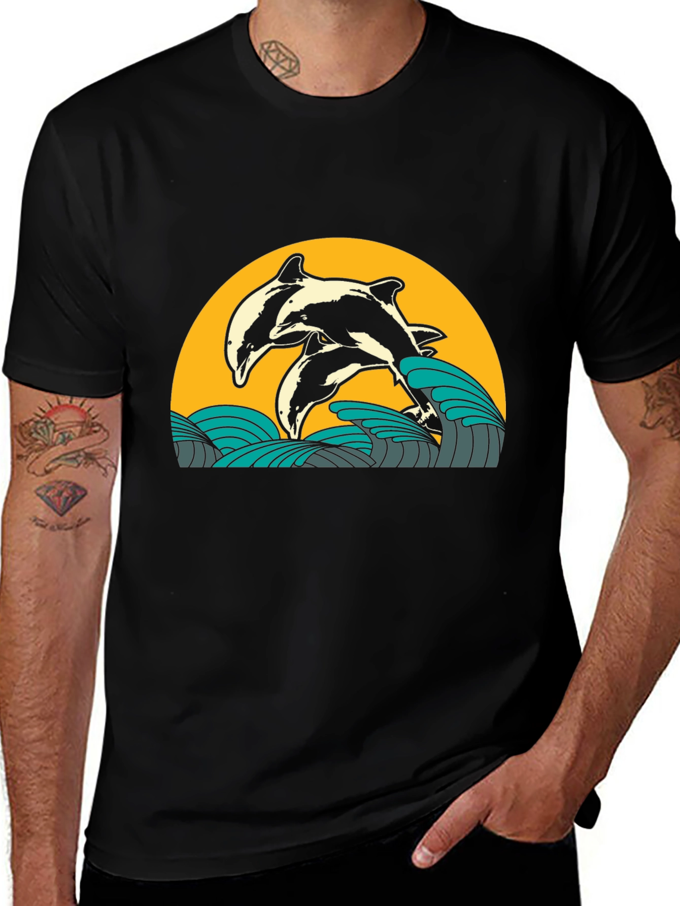 Dolphin Wave Graphic Tee - Black