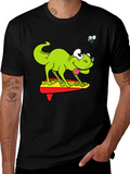 Cartoon Lizard Surfing Graphic Black T-Shirt