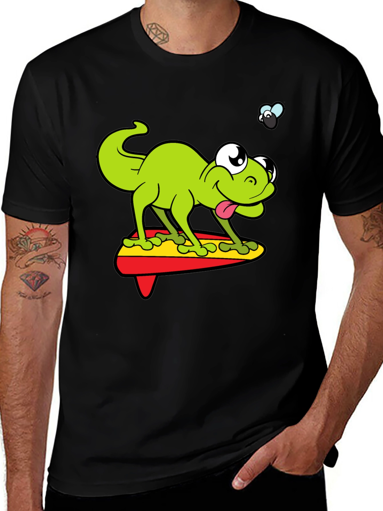 Cartoon Lizard Surfing Graphic Black T-Shirt