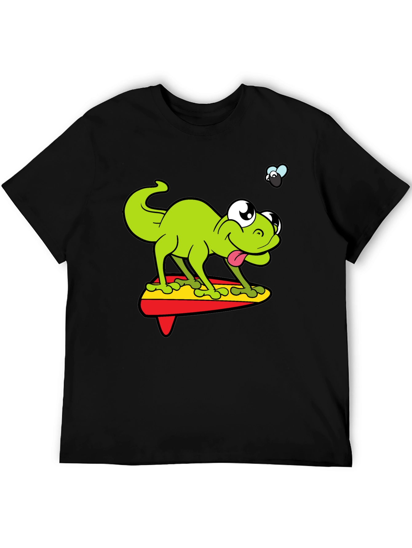 Cartoon Lizard Surfing Graphic Black T-Shirt