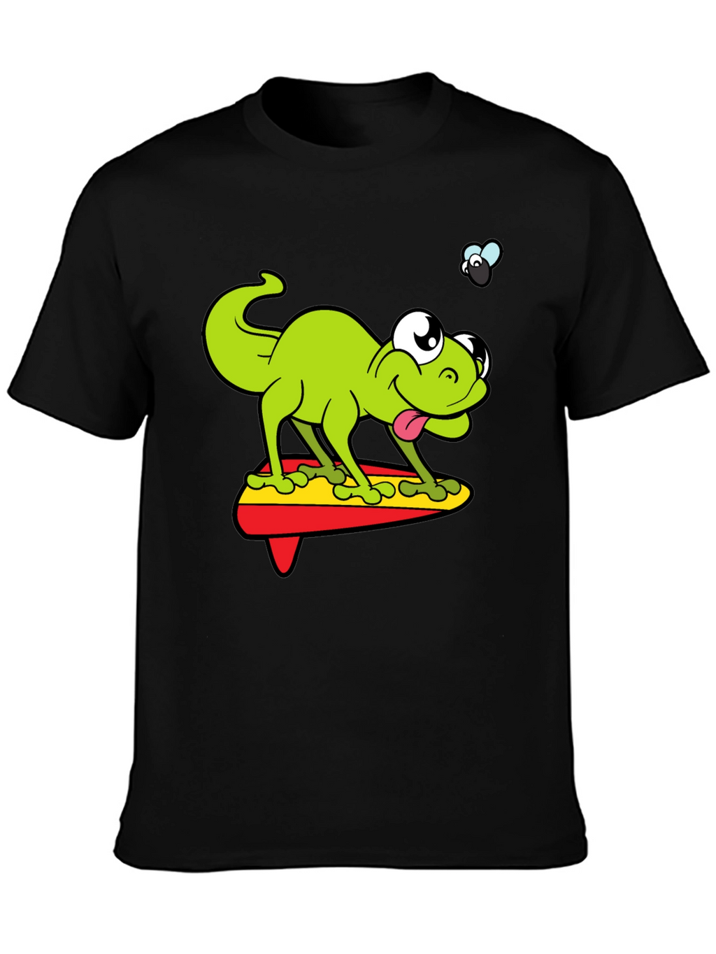 Cartoon Lizard Surfing Graphic Black T-Shirt