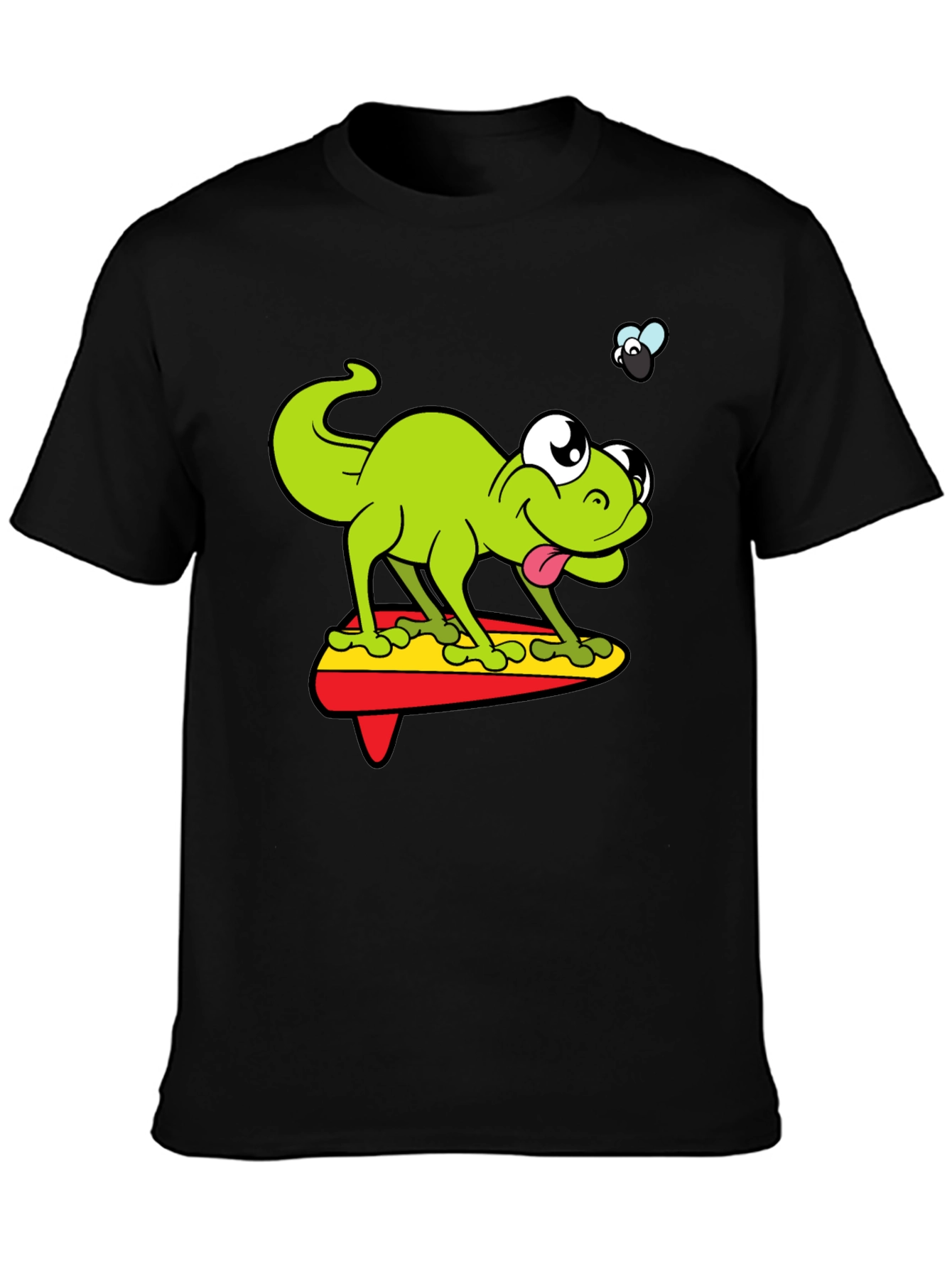 Cartoon Lizard Surfing Graphic Black T-Shirt