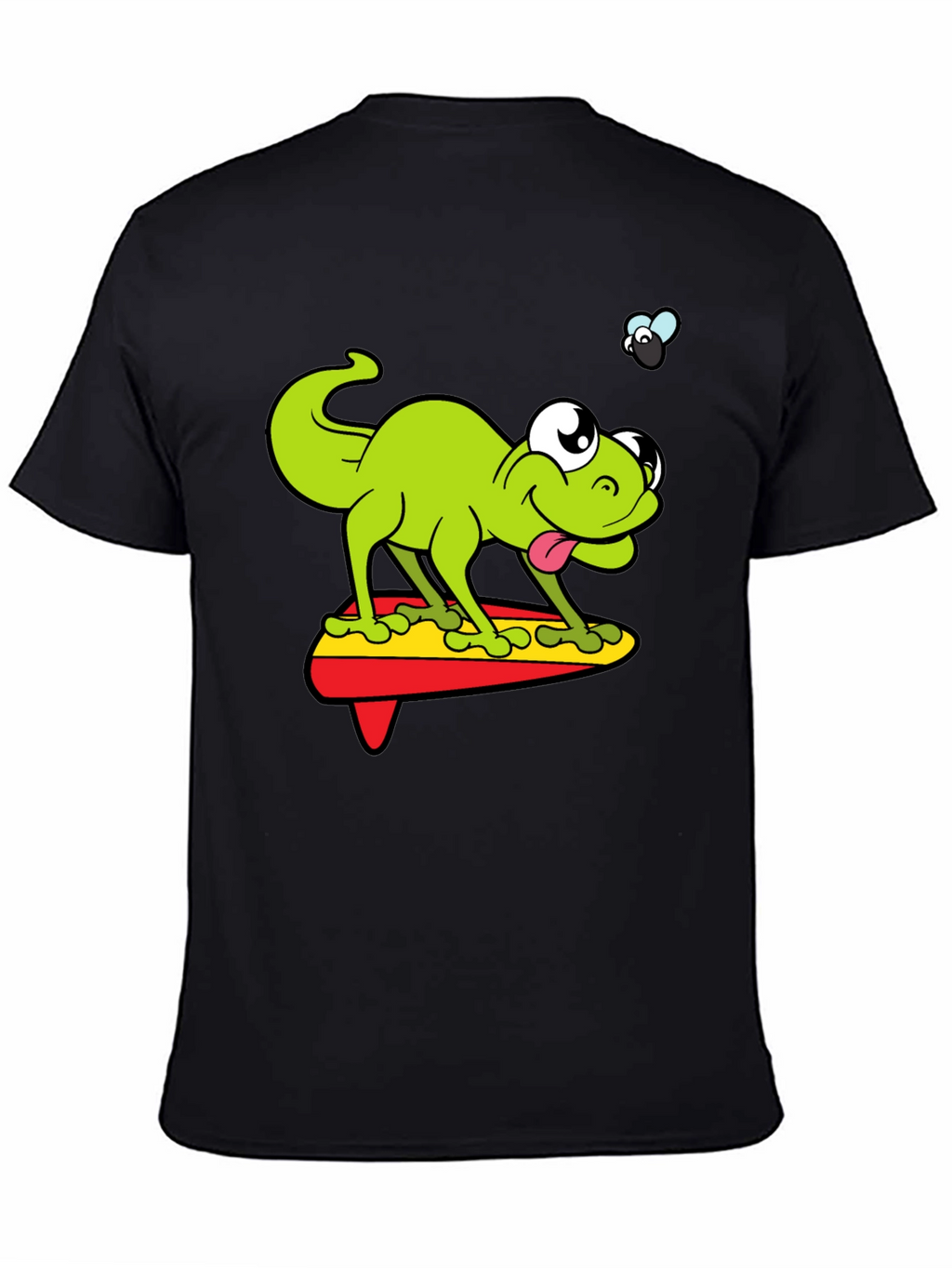 Cartoon Lizard Surfing Graphic Black T-Shirt