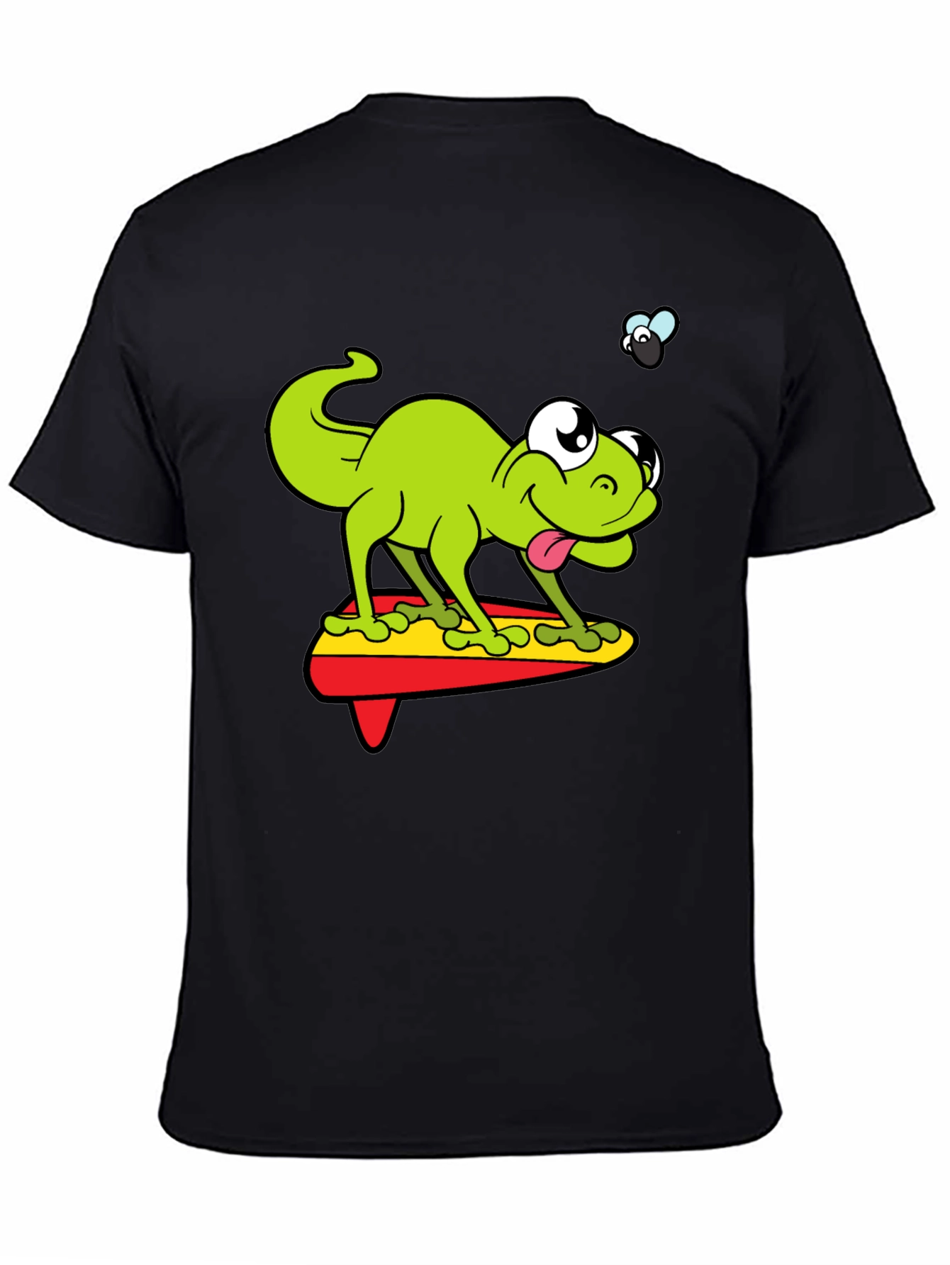 Cartoon Lizard Surfing Graphic Black T-Shirt