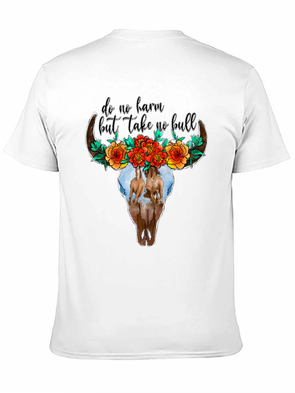 Cow Skull Floral Horses Black Graphic Tee
