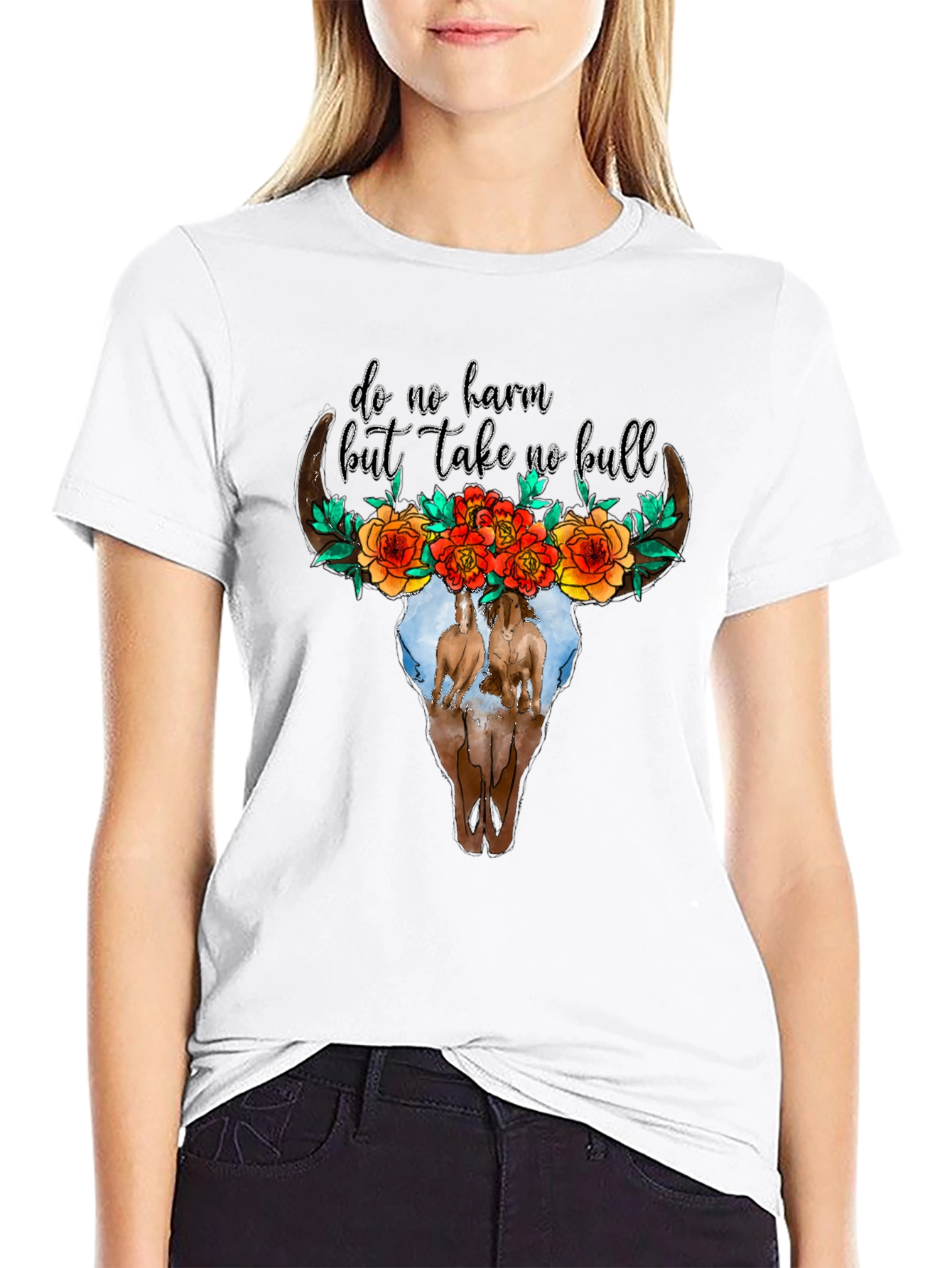 Cow Skull Floral Horses Black Graphic Tee
