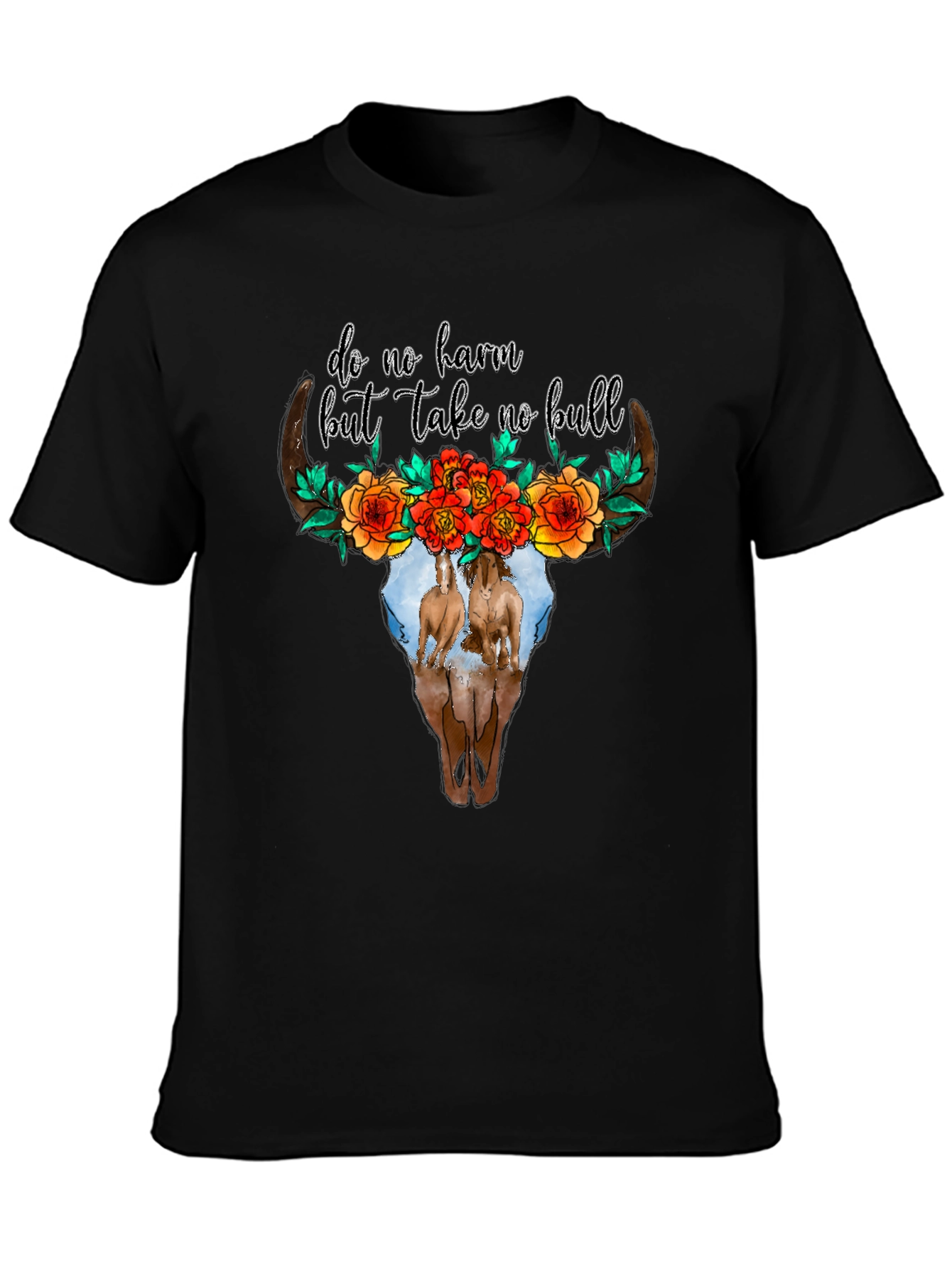 Cow Skull Floral Horses Black Graphic Tee