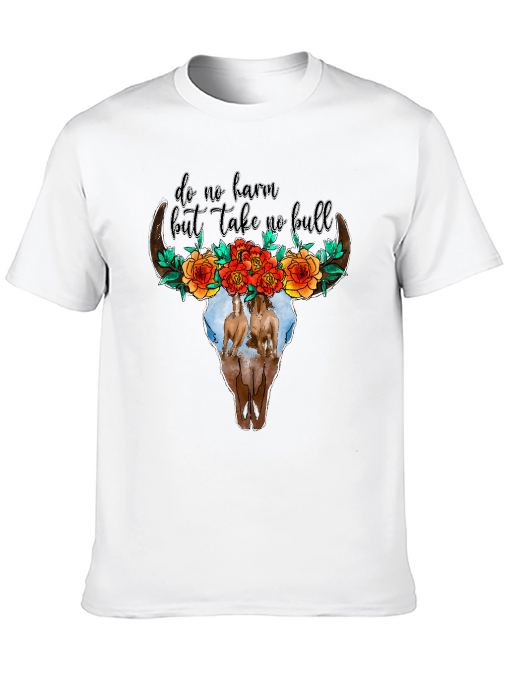 Cow Skull Floral Horses Black Graphic Tee