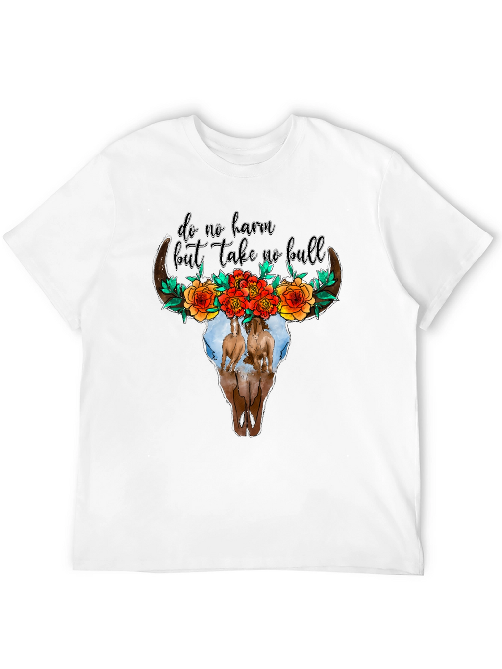Cow Skull Floral Horses Black Graphic Tee