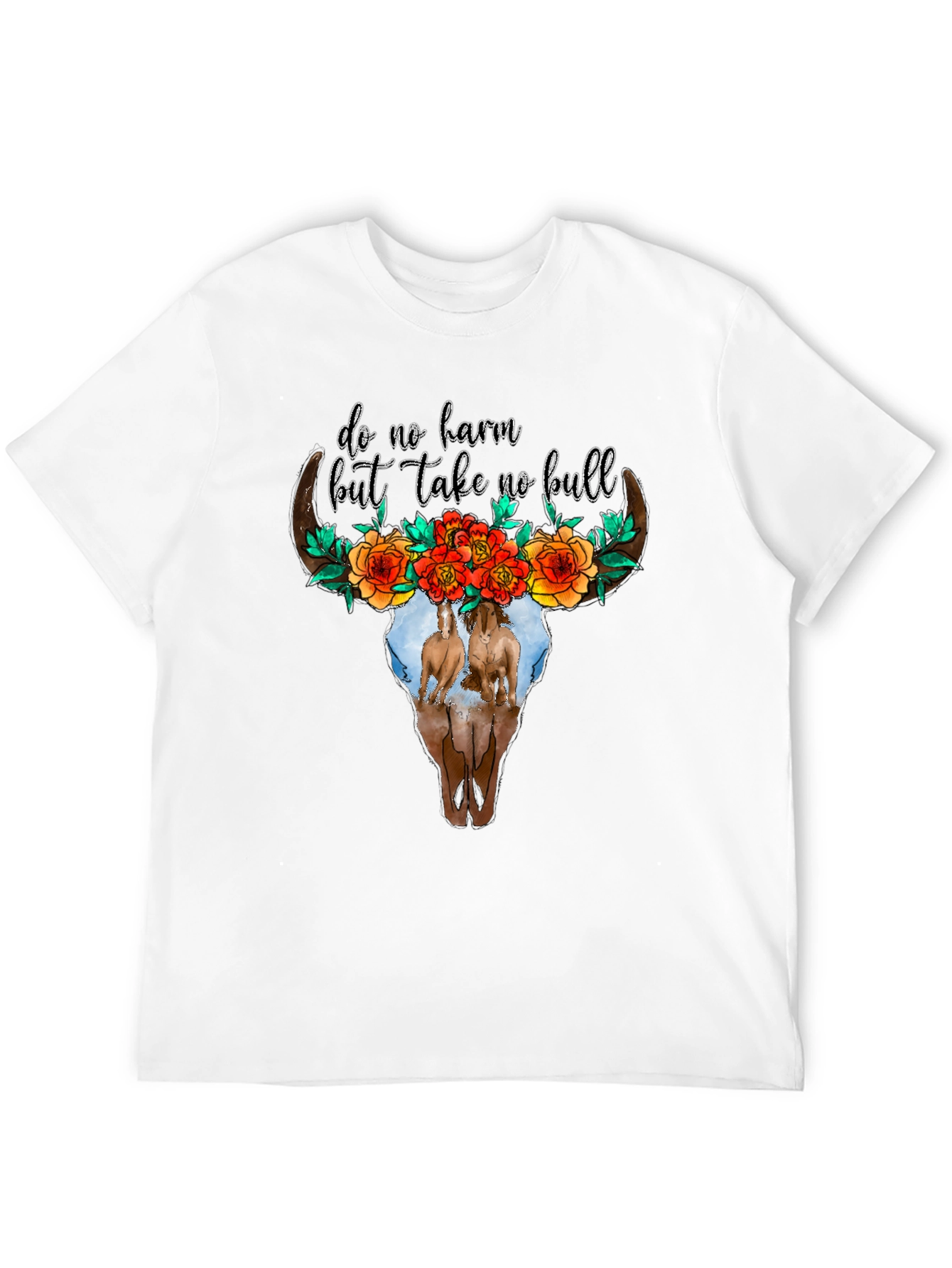Cow Skull Floral Horses Black Graphic Tee