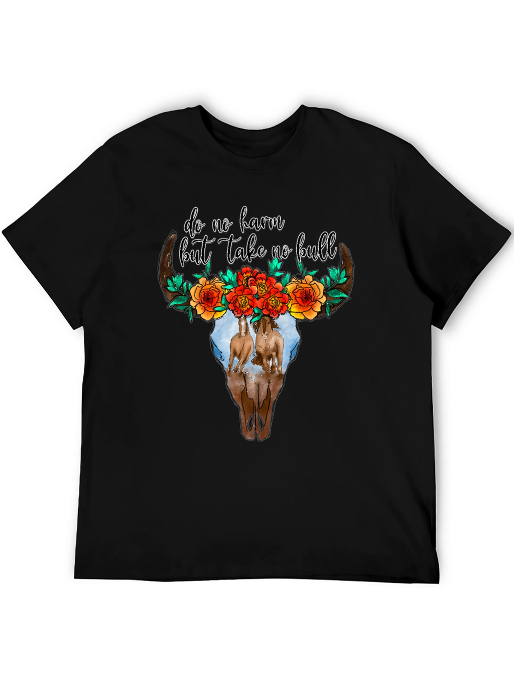 Cow Skull Floral Horses Black Graphic Tee