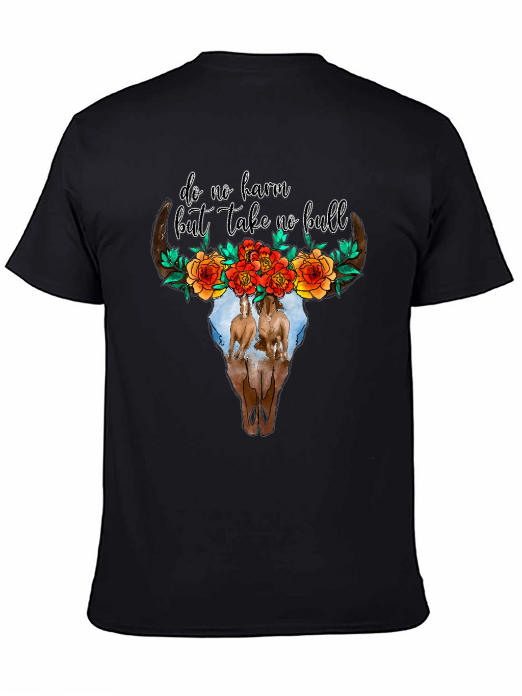Cow Skull Floral Horses Black Graphic Tee
