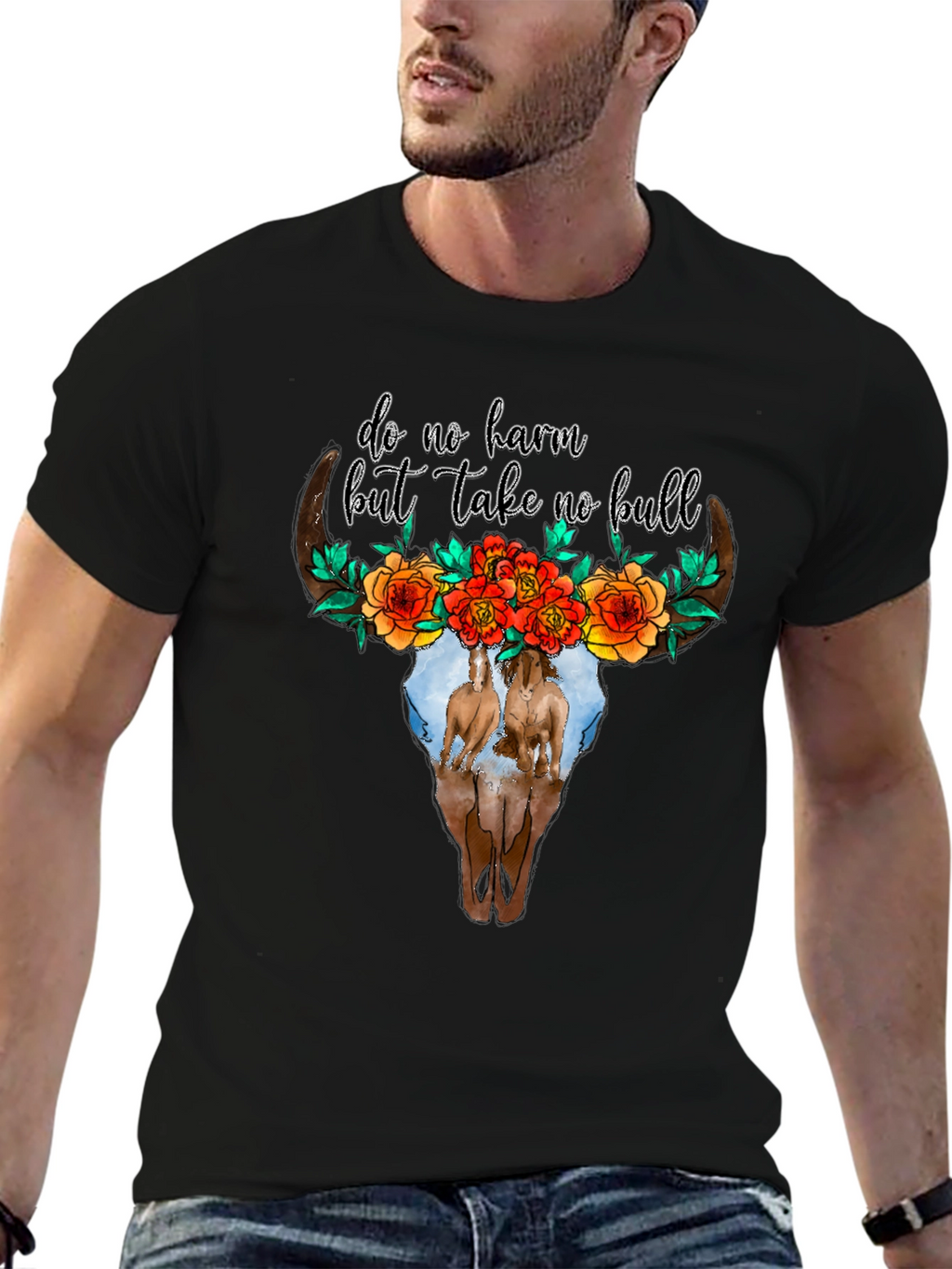 Cow Skull Floral Horses Black Graphic Tee