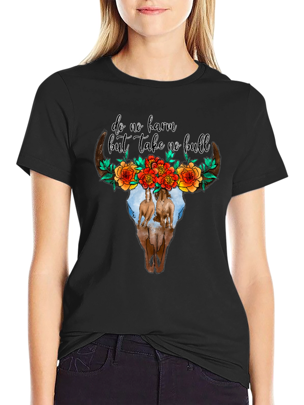 Cow Skull Floral Horses Black Graphic Tee