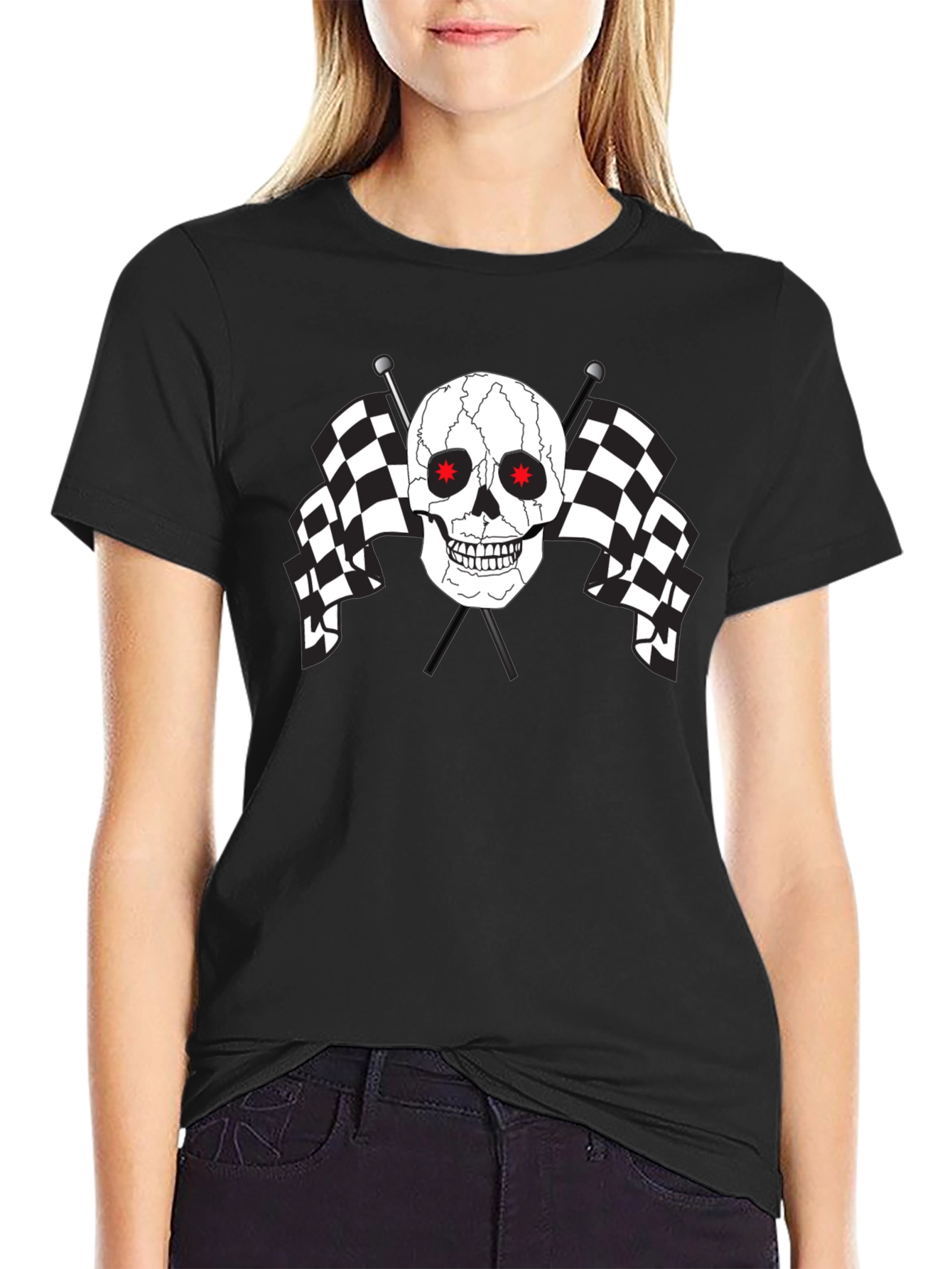Skull & Checkered Flag Graphic Tee - Mens Black T-Shirt