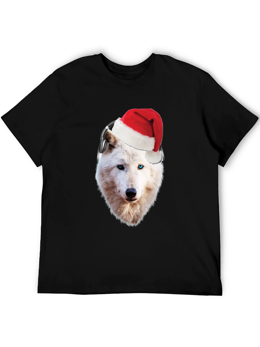 Wolf Santa Hat Headphones Black T-Shirt