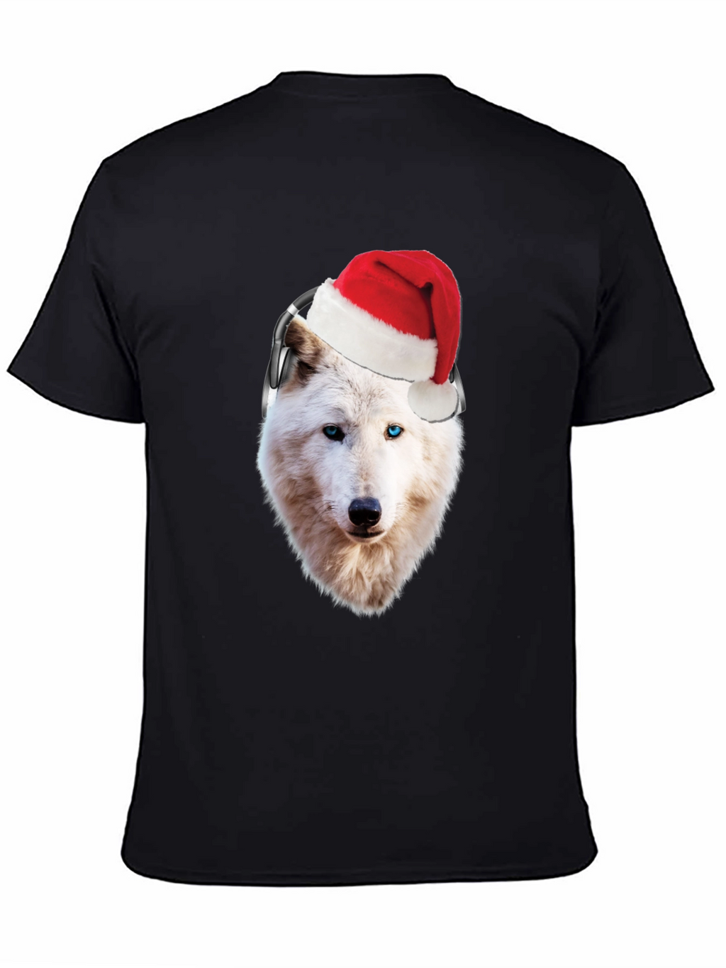 Wolf Santa Hat Headphones Black T-Shirt