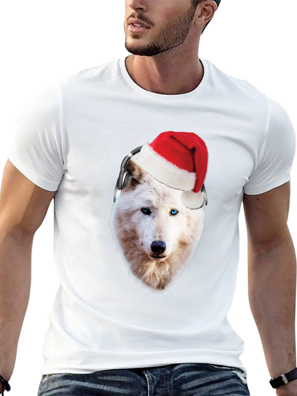 Wolf Santa Hat Headphones Black T-Shirt