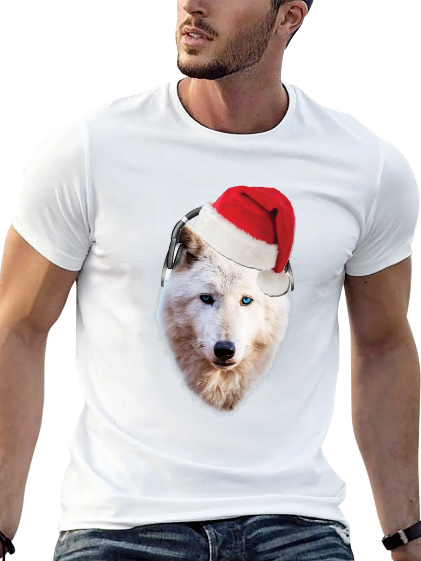 Wolf Santa Hat Headphones Black T-Shirt