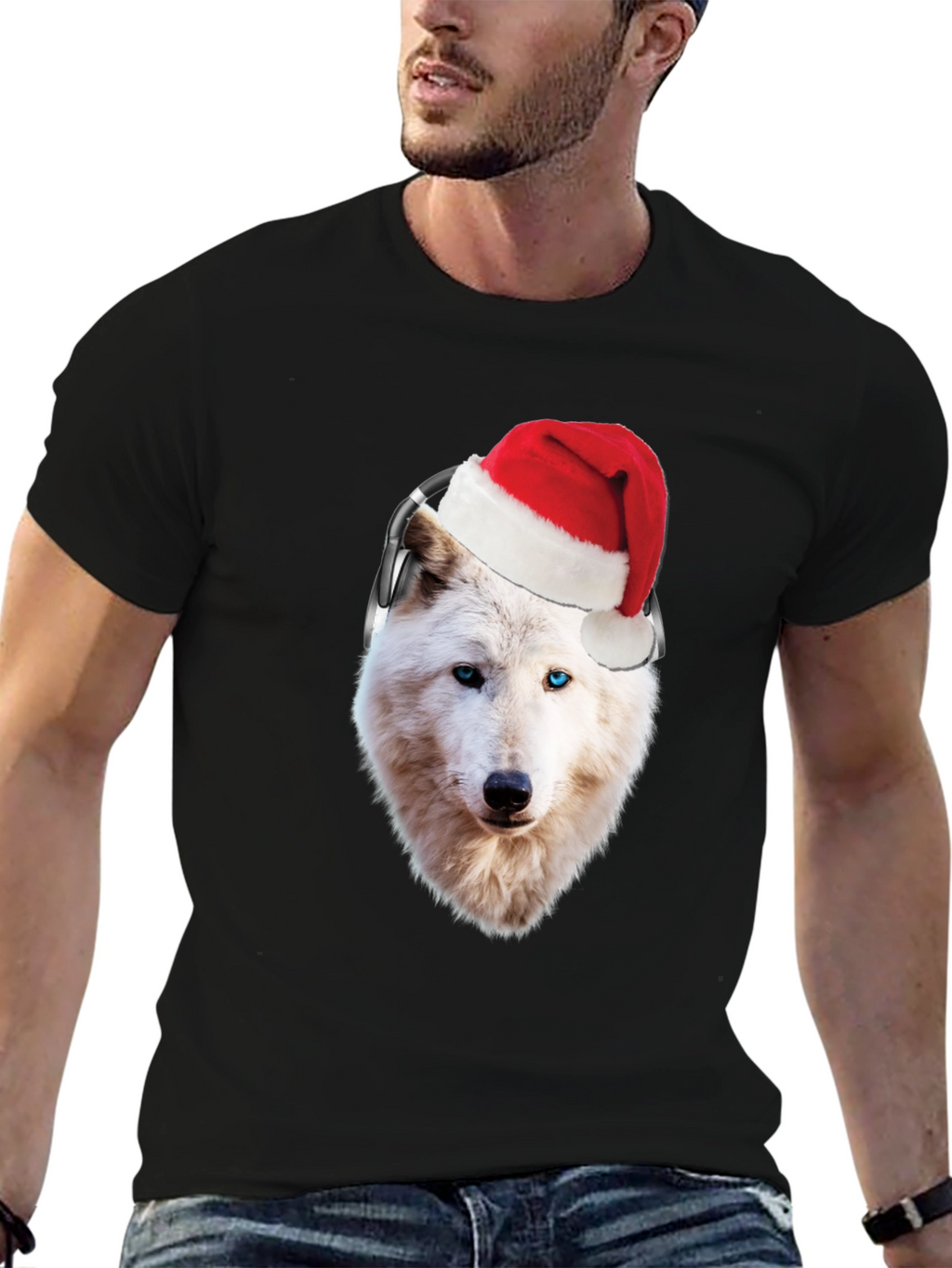 Wolf Santa Hat Headphones Black T-Shirt
