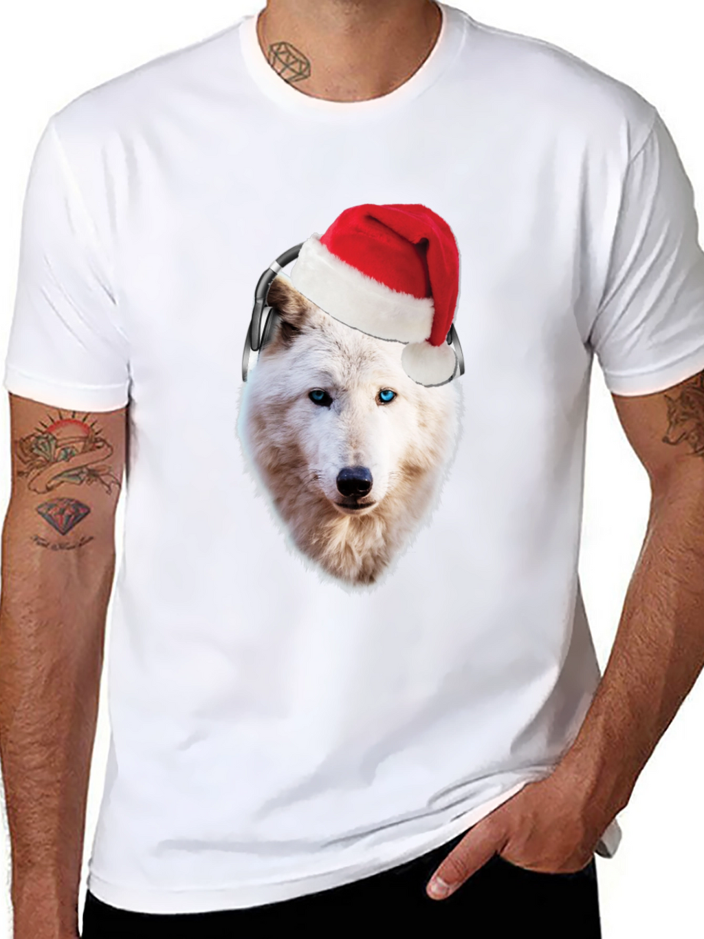 Wolf Santa Hat Headphones Black T-Shirt