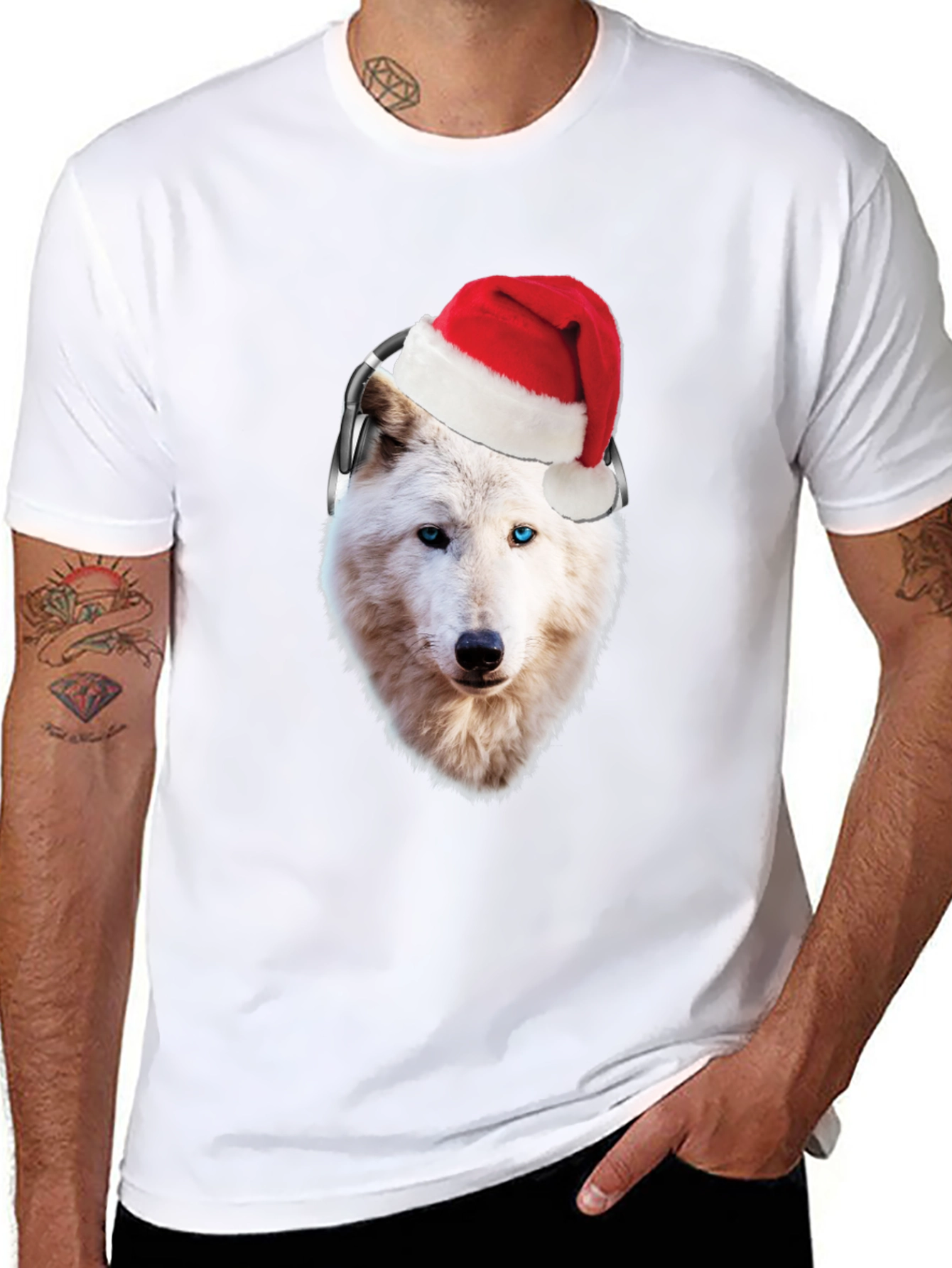 Wolf Santa Hat Headphones Black T-Shirt