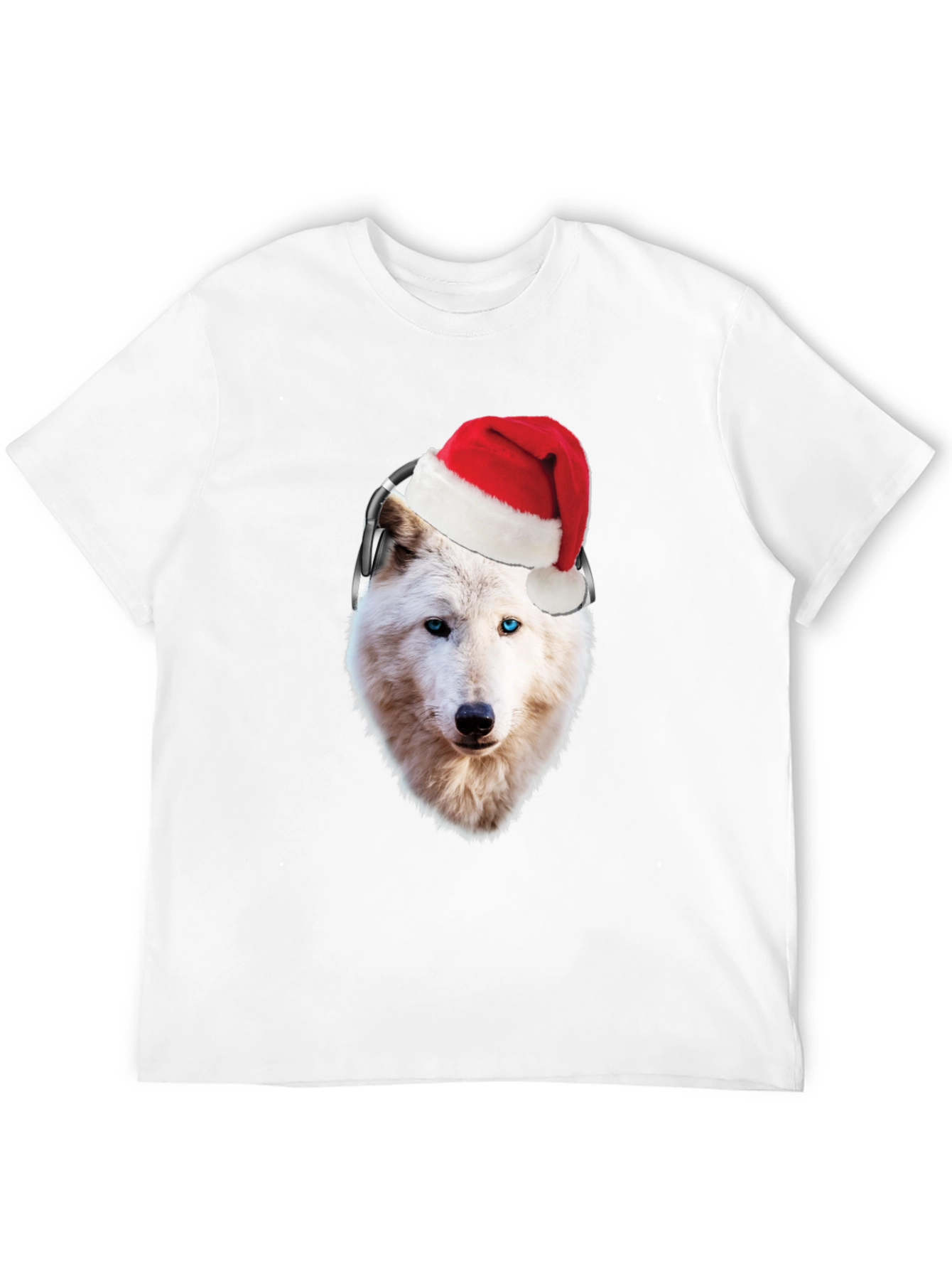 Wolf Santa Hat Headphones Black T-Shirt
