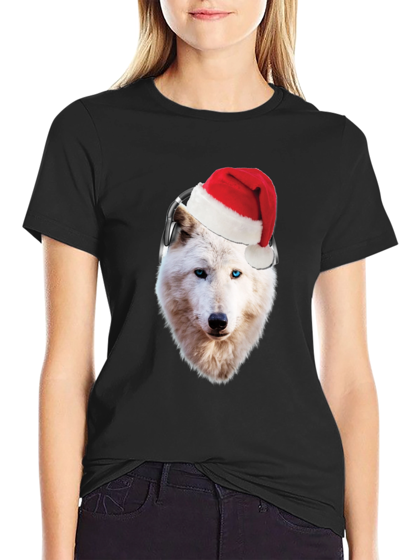 Wolf Santa Hat Headphones Black T-Shirt