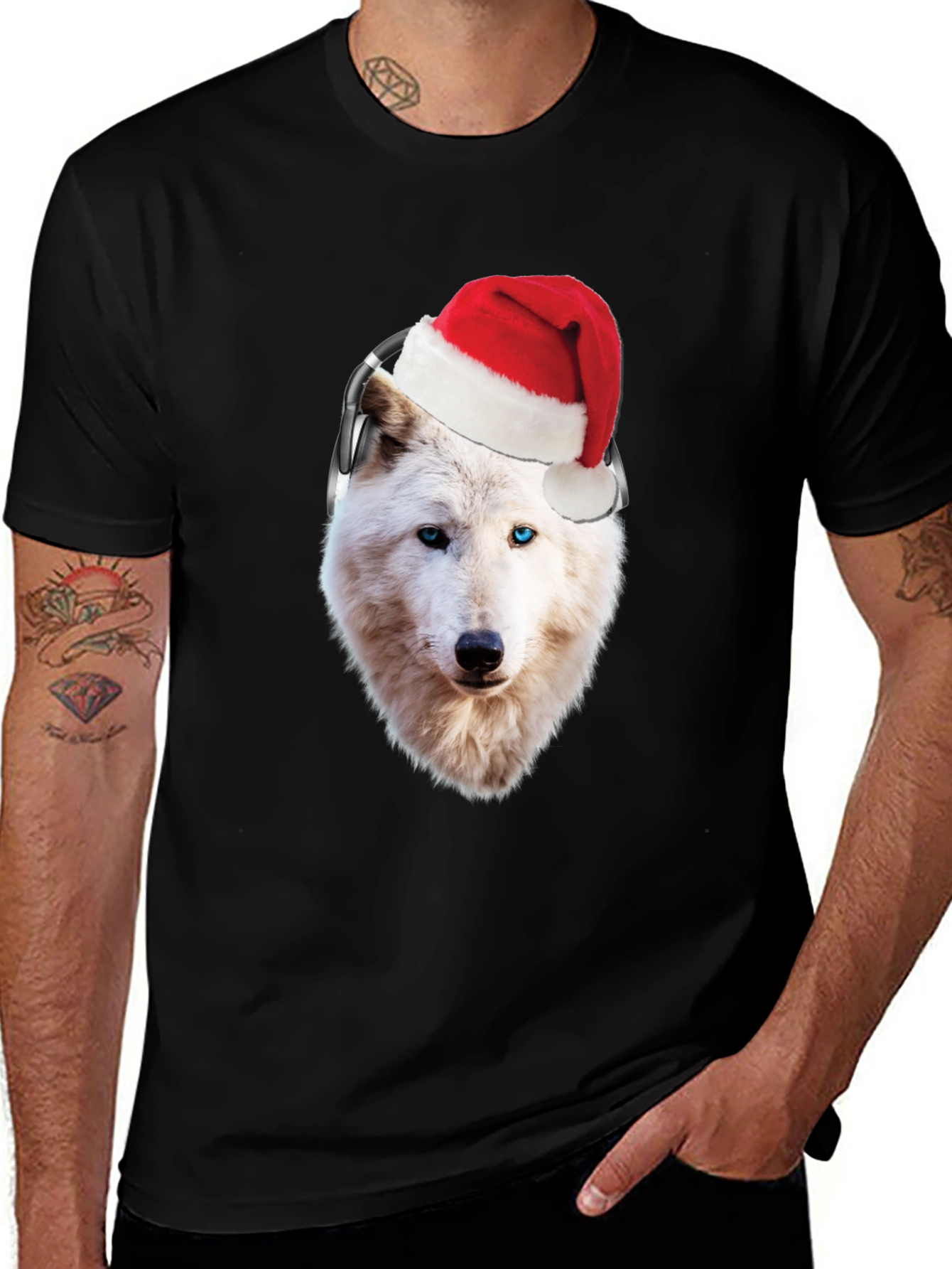 Wolf Santa Hat Headphones Black T-Shirt
