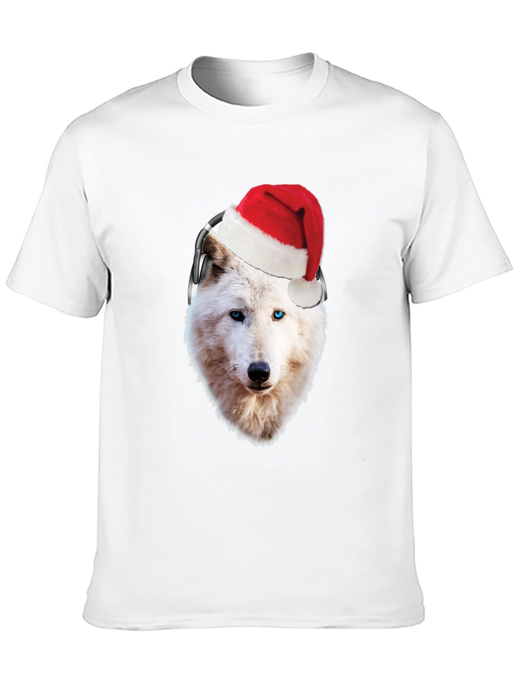 Wolf Santa Hat Headphones Black T-Shirt