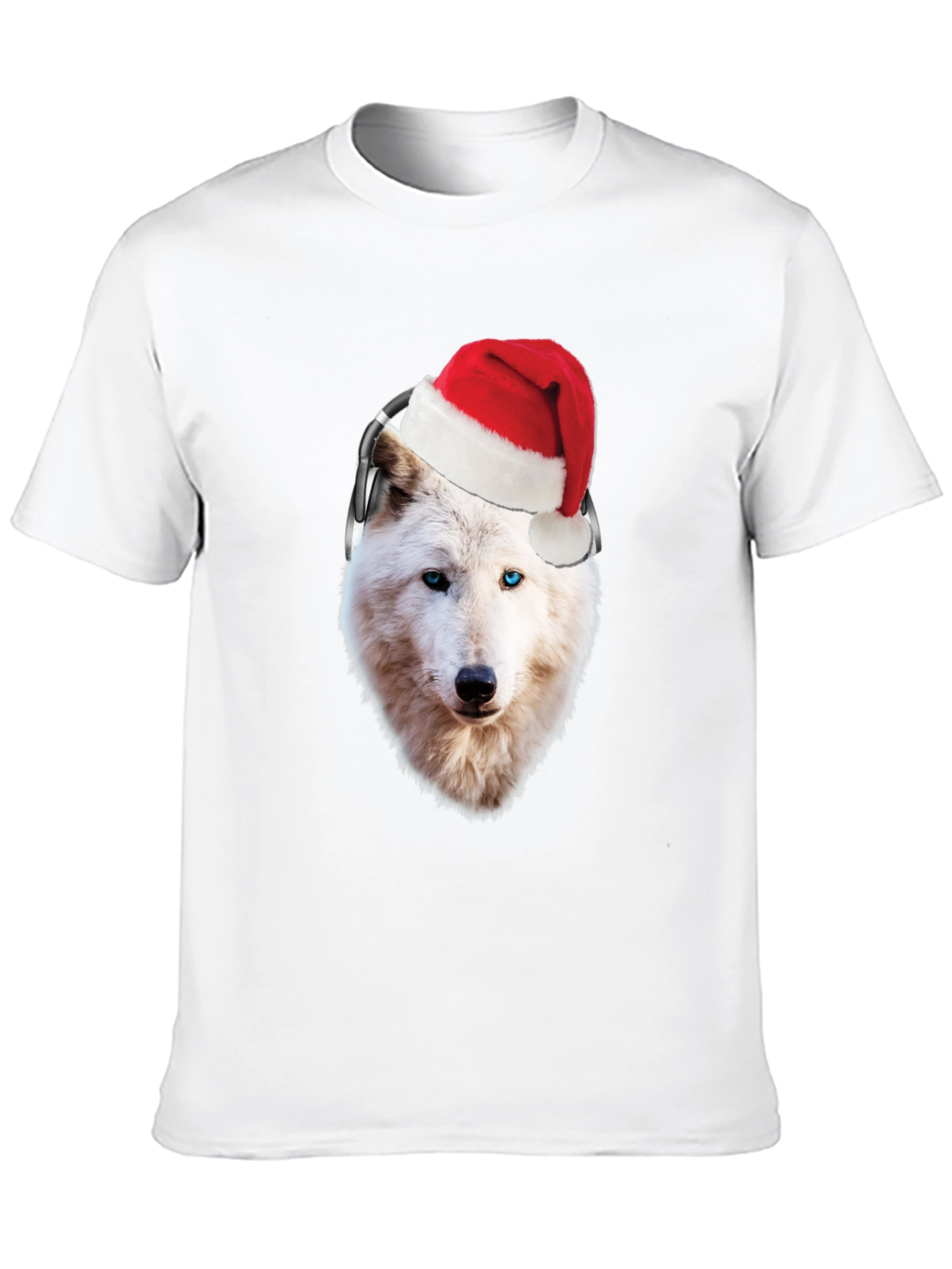 Wolf Santa Hat Headphones Black T-Shirt