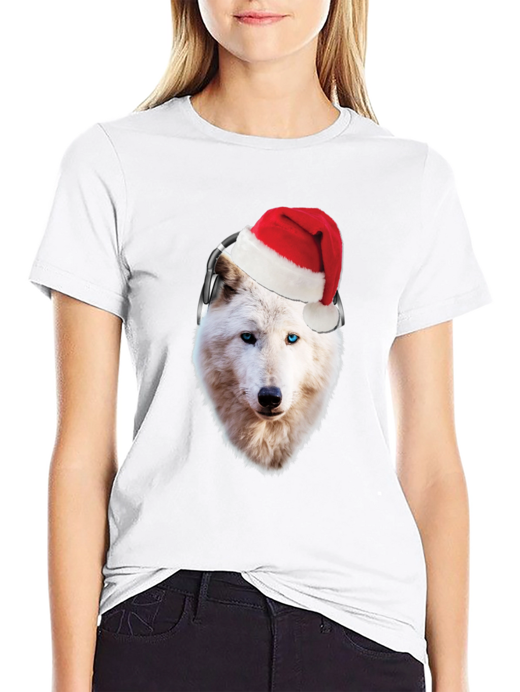 Wolf Santa Hat Headphones Black T-Shirt