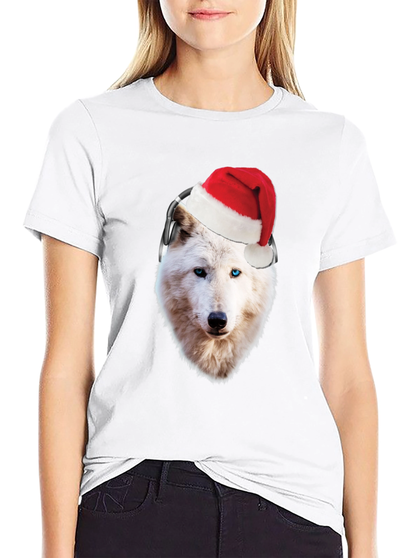 Wolf Santa Hat Headphones Black T-Shirt
