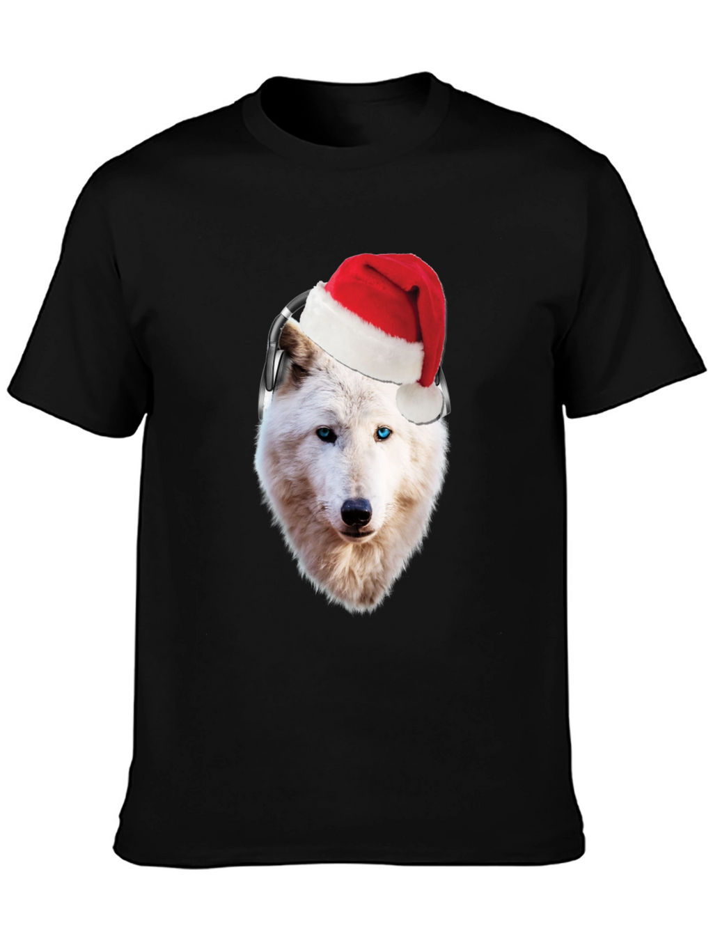 Wolf Santa Hat Headphones Black T-Shirt