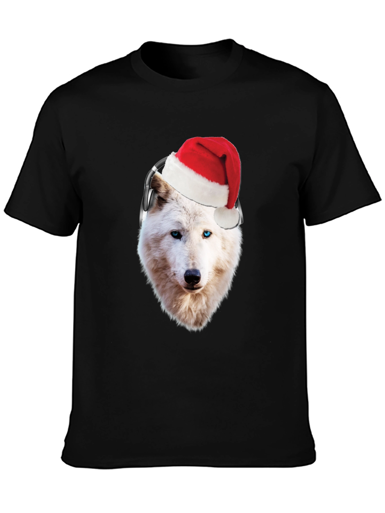 Wolf Santa Hat Headphones Black T-Shirt