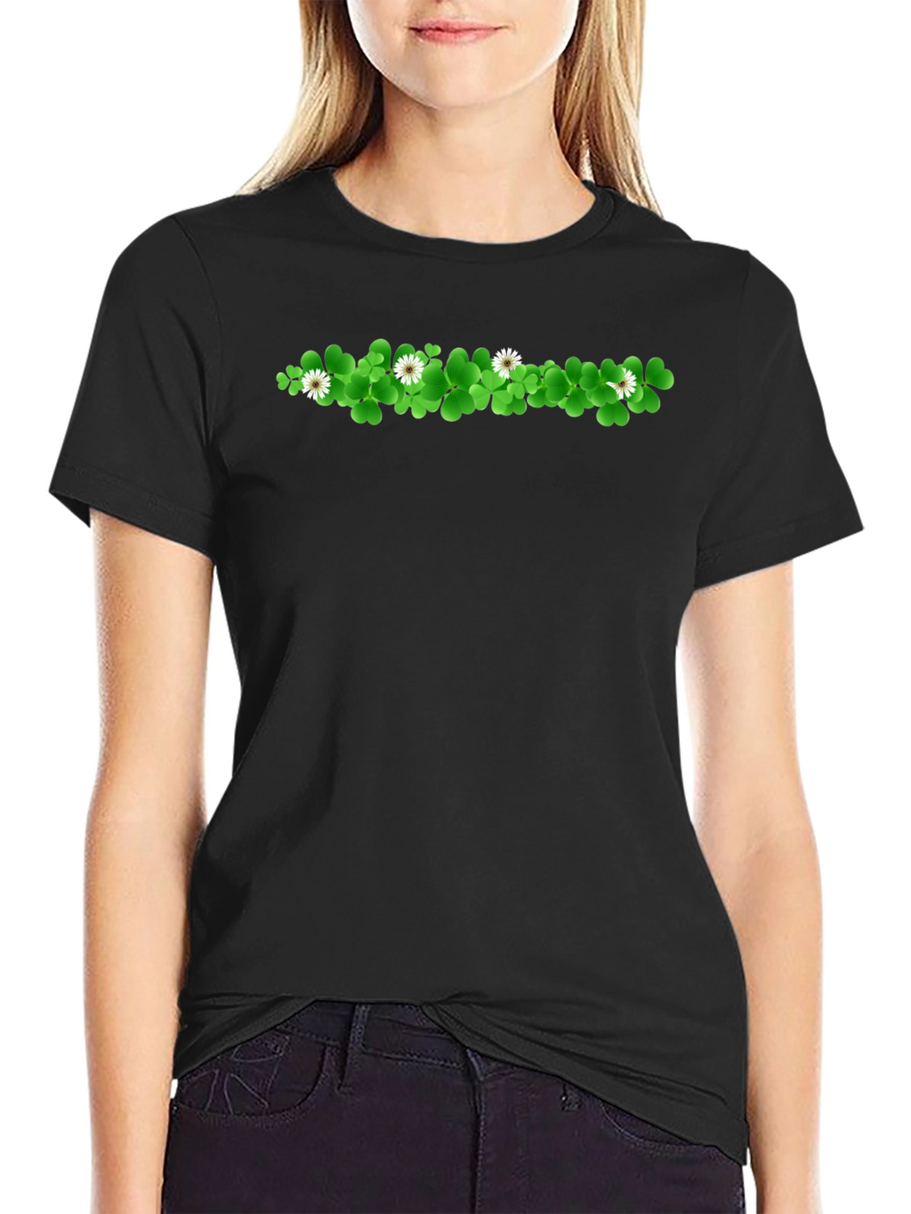 Shamrock & Daisy Graphic Print Black T-Shirt
