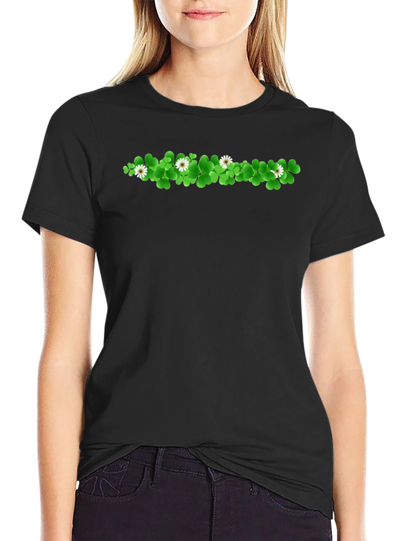 Shamrock & Daisy Graphic Print Black T-Shirt