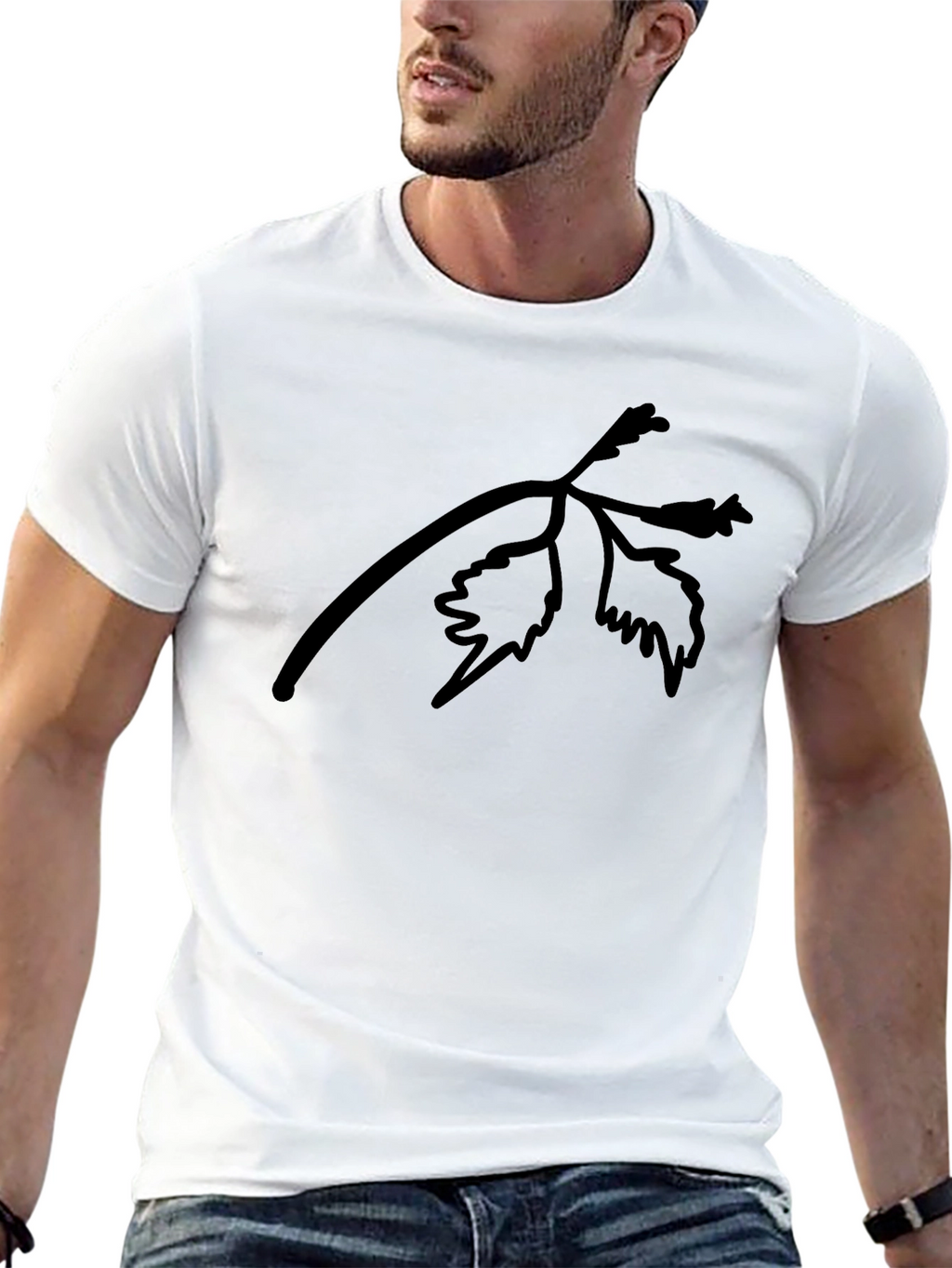 Black T-Shirt with Botanical Branch Print