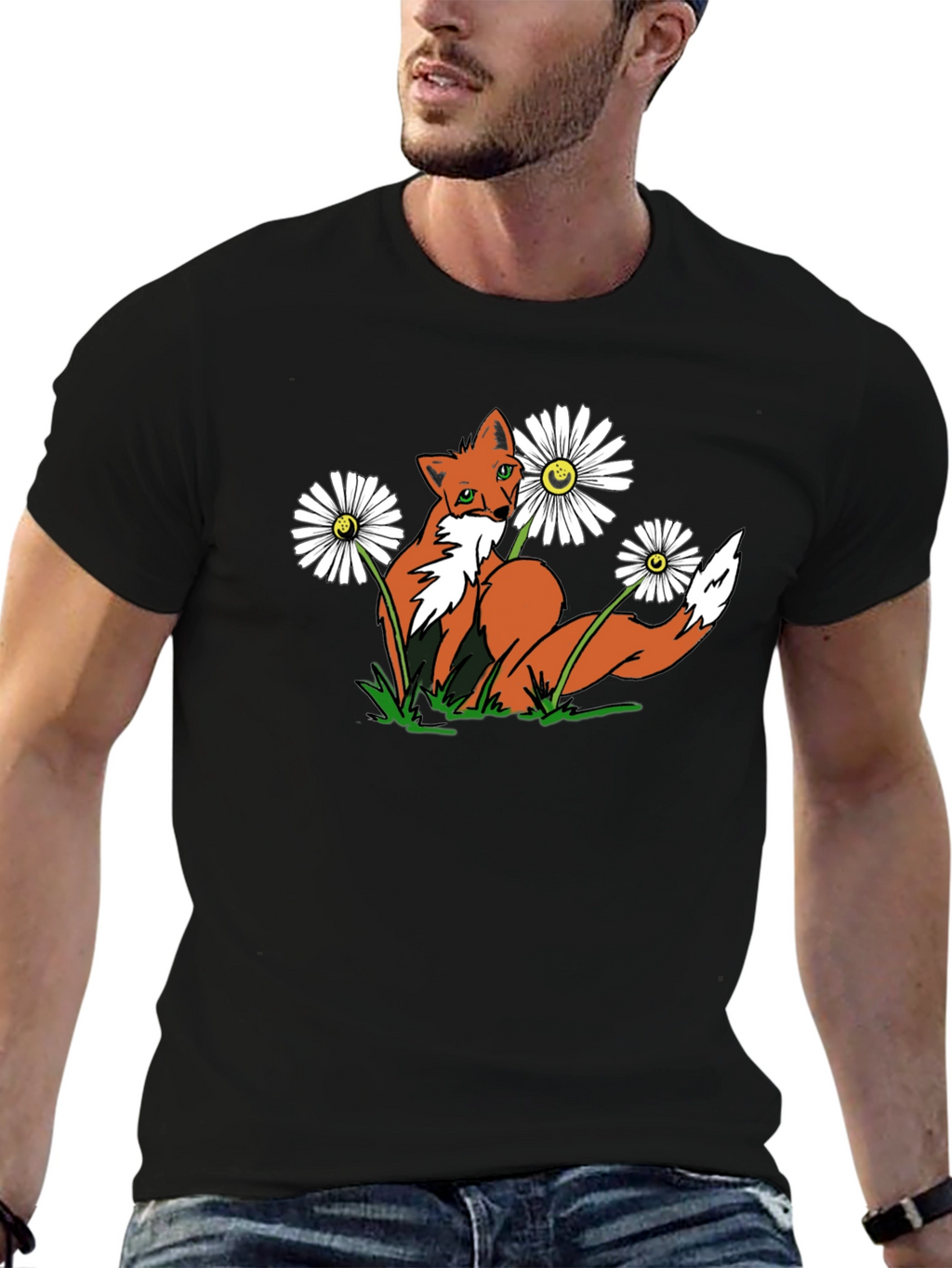 Fox and Flowers Graphic Tee -  Black T-Shirt