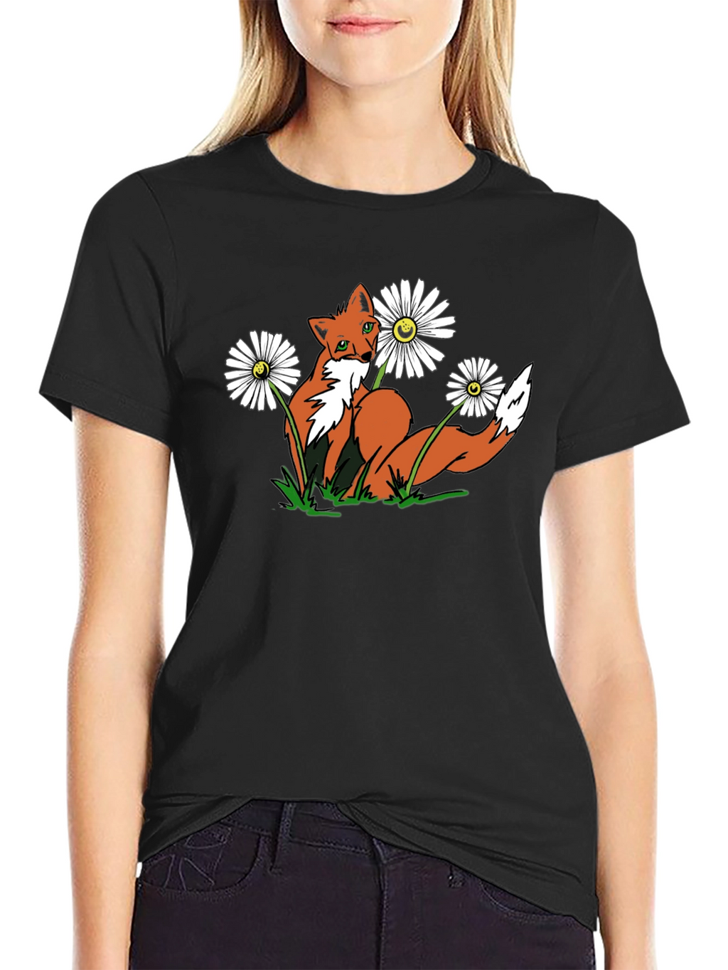 Fox and Flowers Graphic Tee -  Black T-Shirt