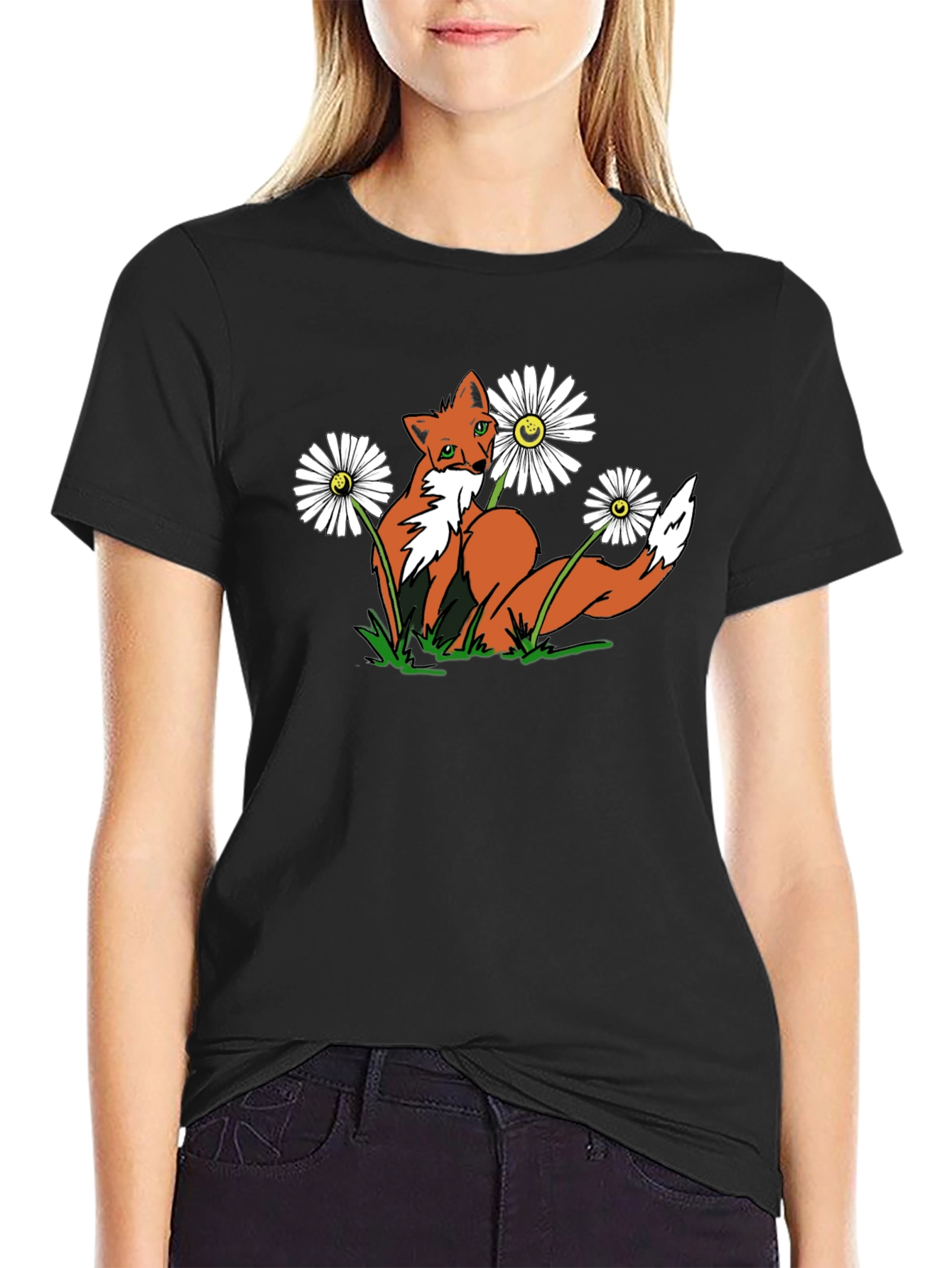 Fox and Flowers Graphic Tee -  Black T-Shirt