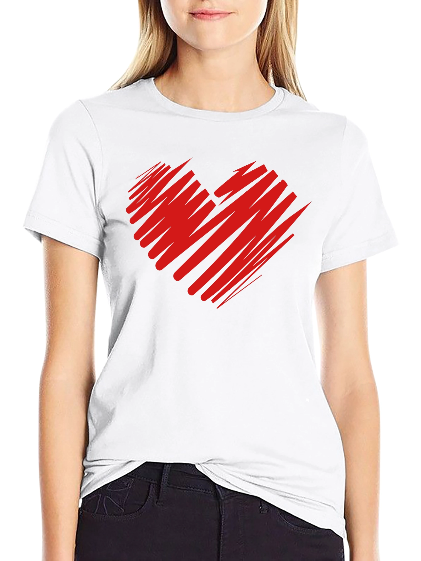 Red Scribble Heart Black T-Shirt