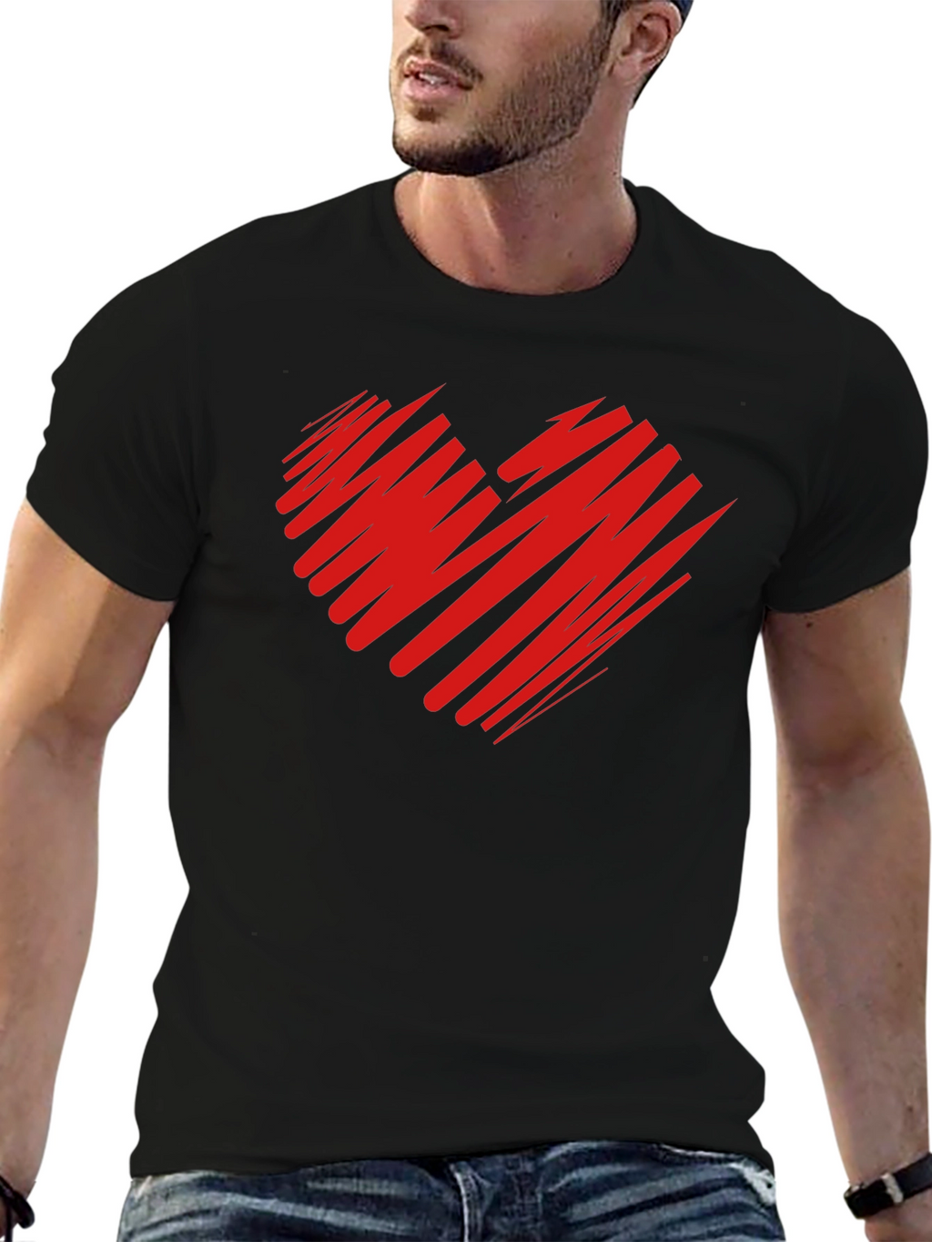 Red Scribble Heart Black T-Shirt