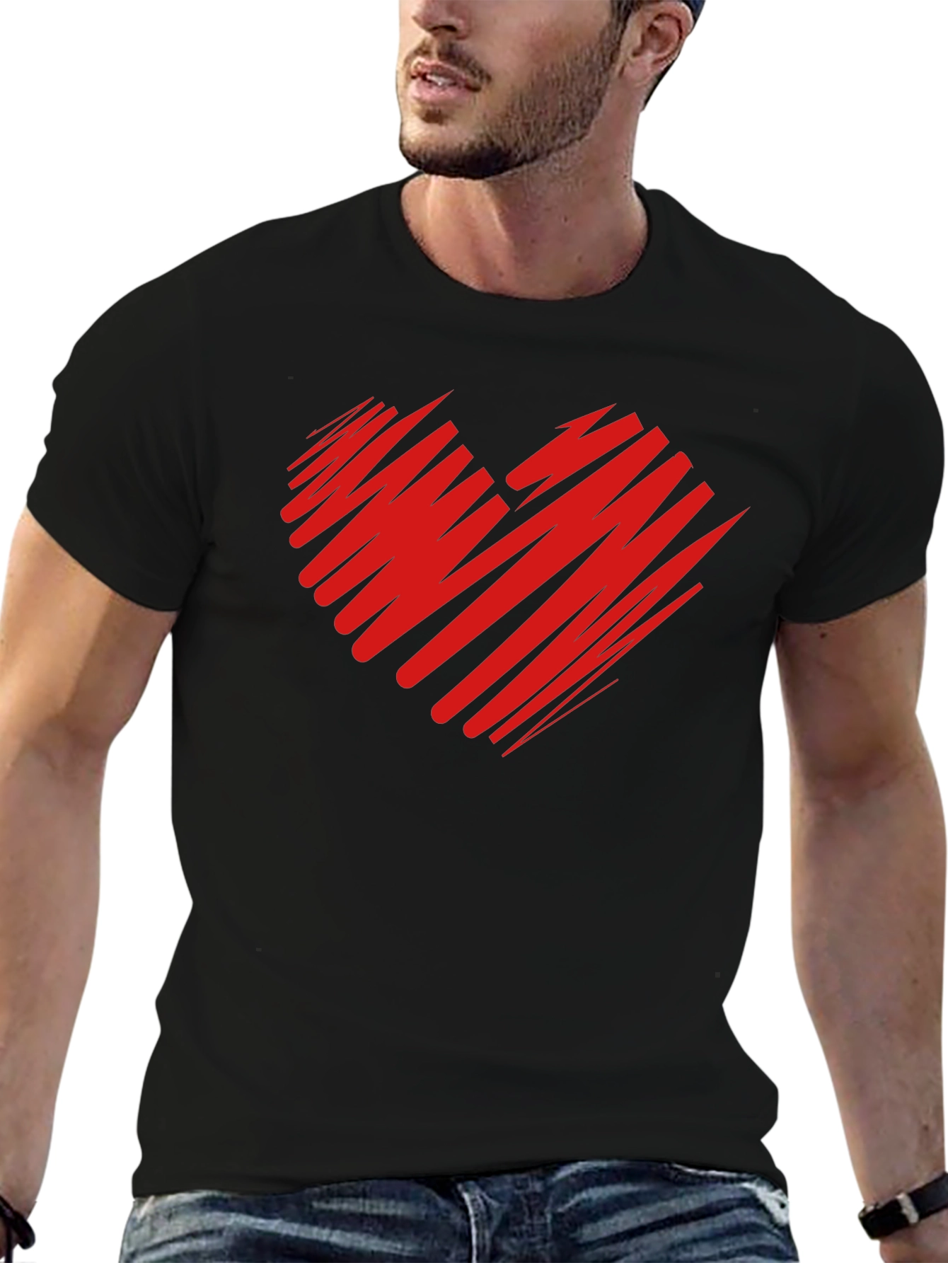 Red Scribble Heart Black T-Shirt