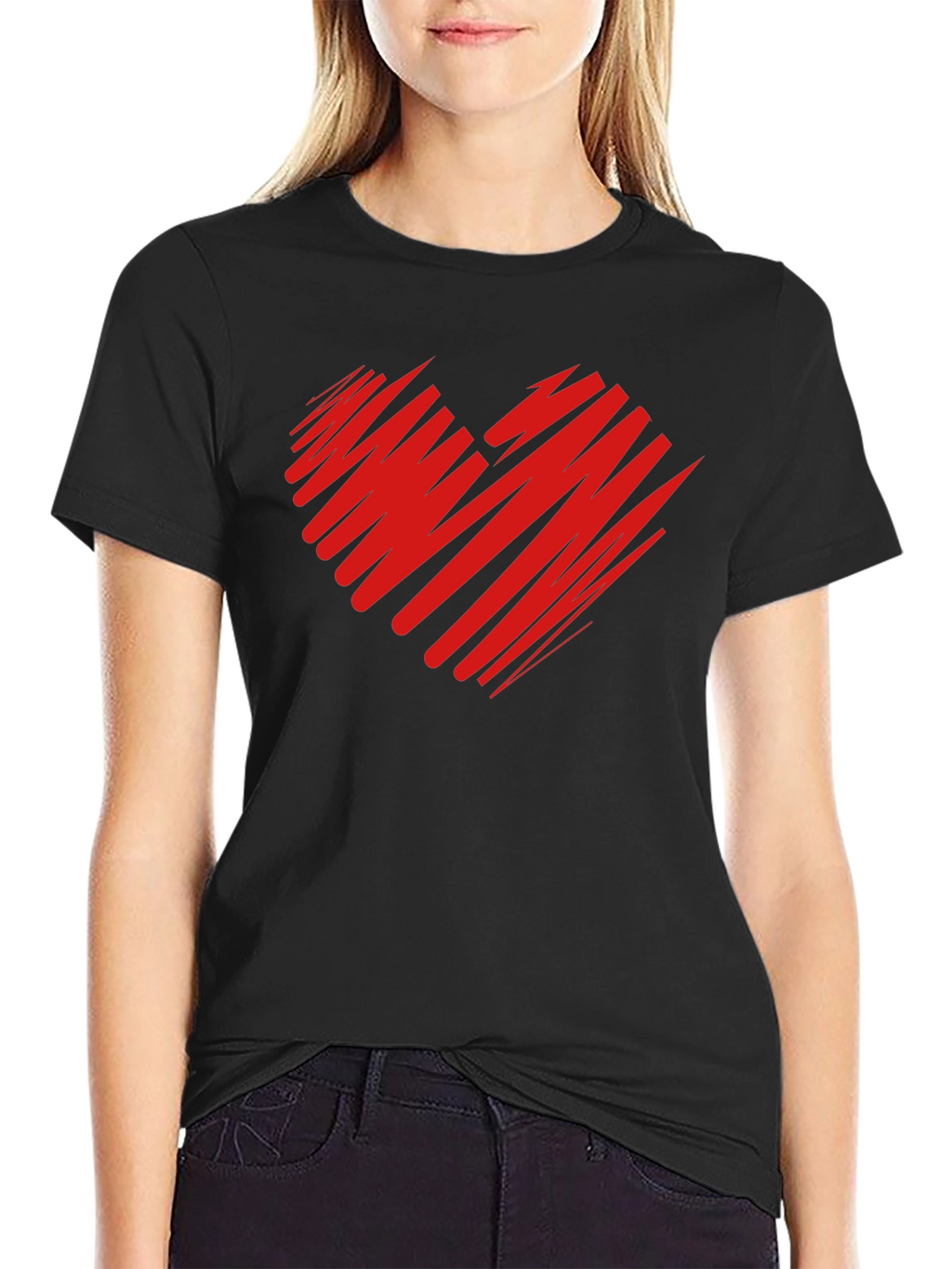 Red Scribble Heart Black T-Shirt