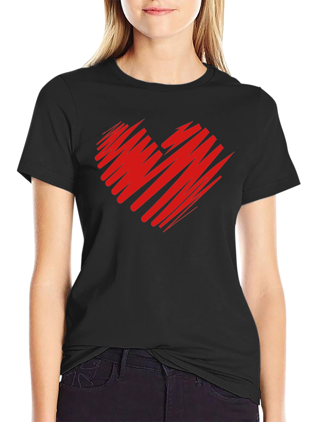 Red Scribble Heart Black T-Shirt