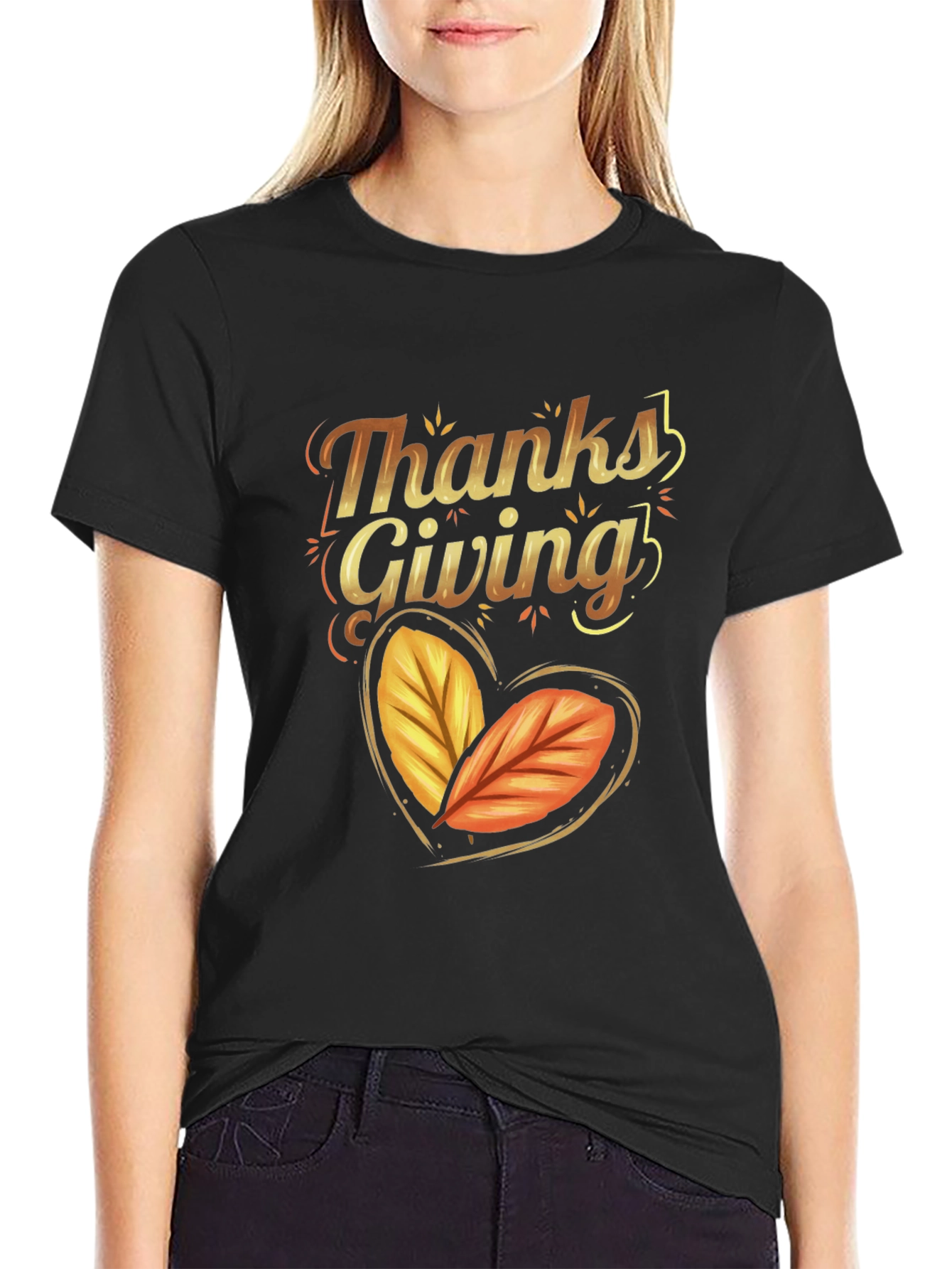 Thanksgiving Autumn Leaves Heart Black T-shirt