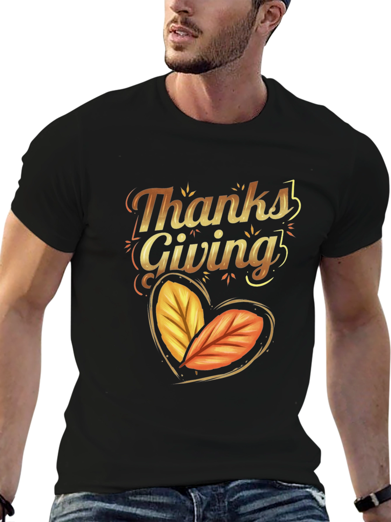 Thanksgiving Autumn Leaves Heart Black T-shirt