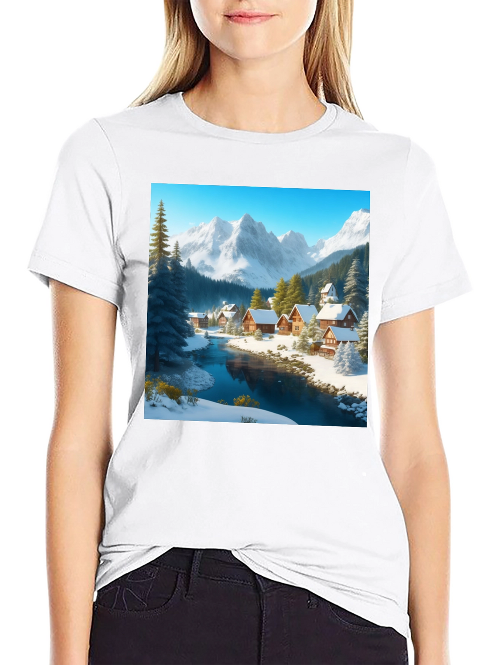 Winter Village Graphic Tee - Cozy Cabin Scene