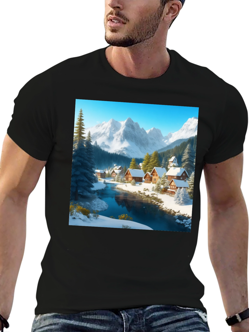 Winter Village Graphic Tee - Cozy Cabin Scene